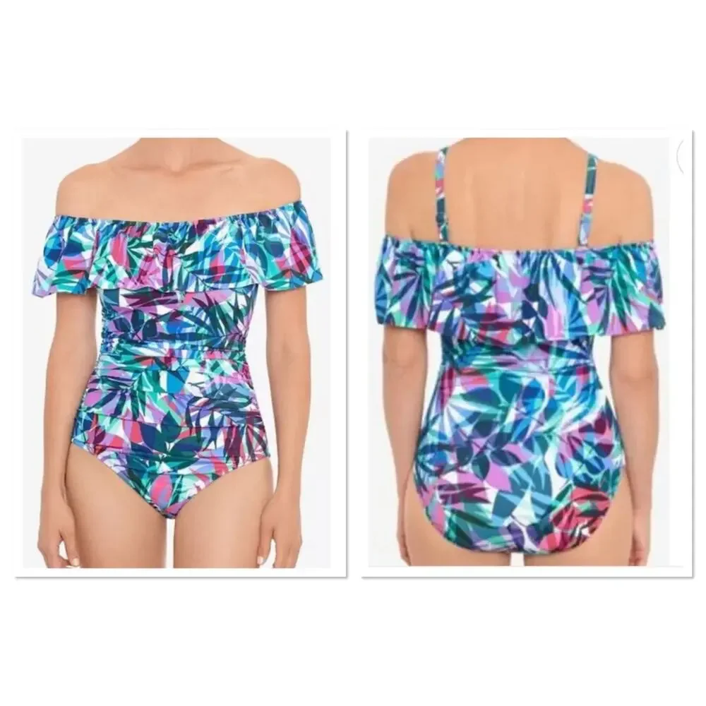 New Swim Solutions Off Shoulder Swimsuit Tropical Multi Slimming Size 14 - Picture 2 of 11